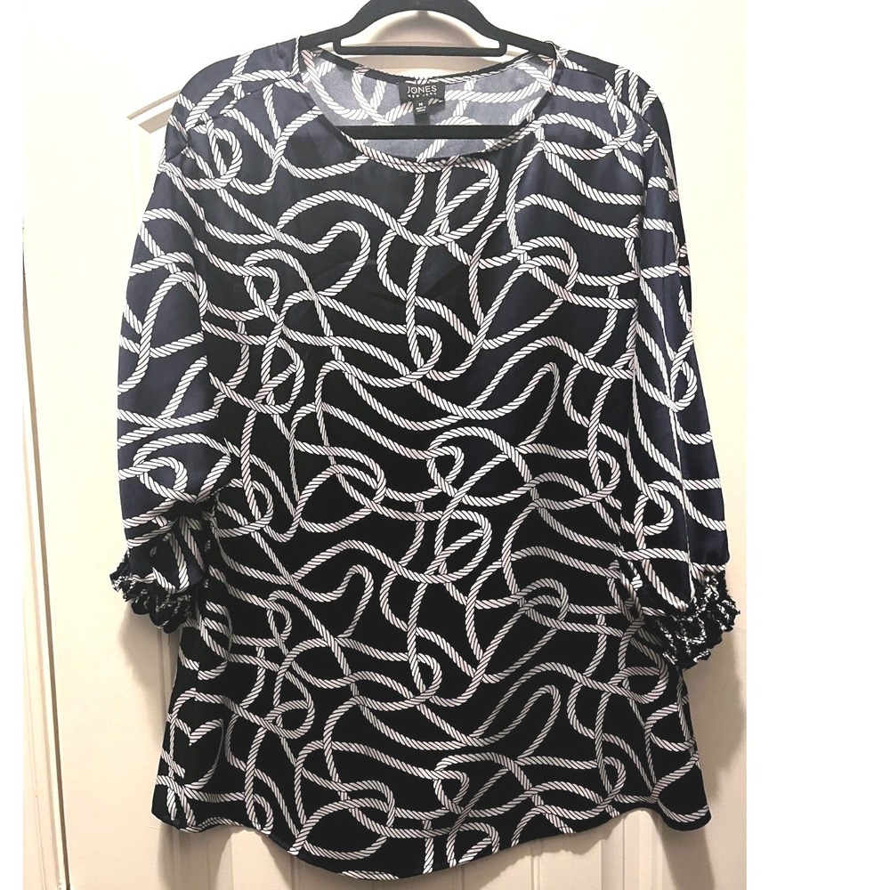 Jones New York Blouse Womens Medium Navy Blue Summer Nautical‎ Rope Print Top